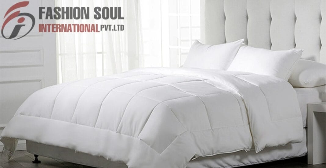A neatly made bed with white pillows and bedding, set against a wall with a patterned wallpaper. There are white curtains on the right side, and a logo with the text 