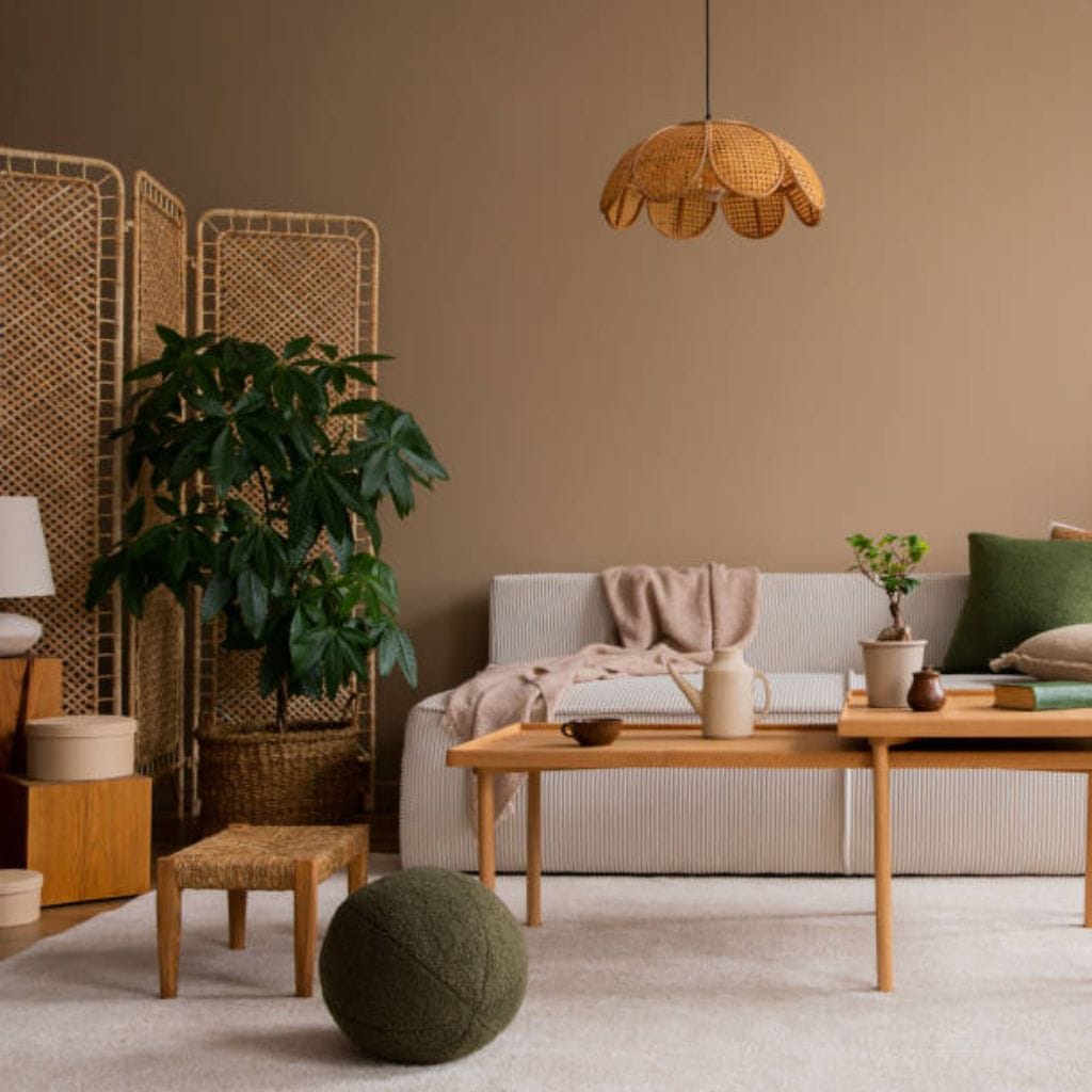 Cozy living room with neutral tones, plants, and a wooden table — a serene space ideal for “write for us interior design."