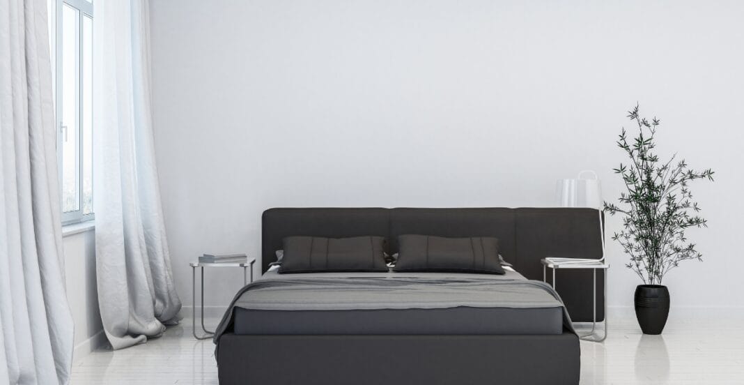 A modern bedroom with black linen bedding, featuring a neatly made bed with two matching black pillows, positioned against a white wall. There are two small side tables with books, a large black vase with a tall green plant, and white curtains on a window to the left.