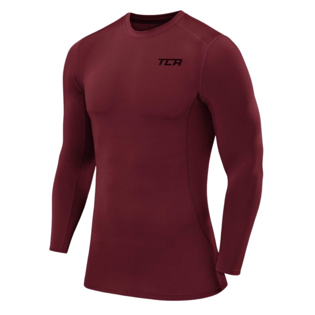 A long-sleeve, fitted maroon athletic base layer shirt with black "TCA" logo on the upper left chest, designed for moisture-wicking performance.
