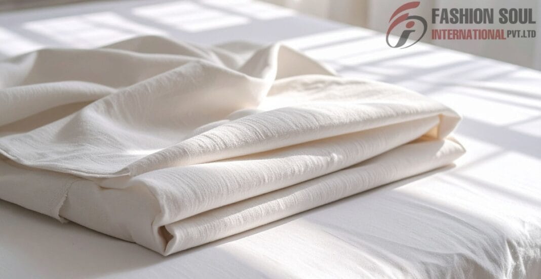 A neatly folded set of white bedsheets and pillowcases resting on a bed, with natural sunlight illuminating the fabric. The logo 