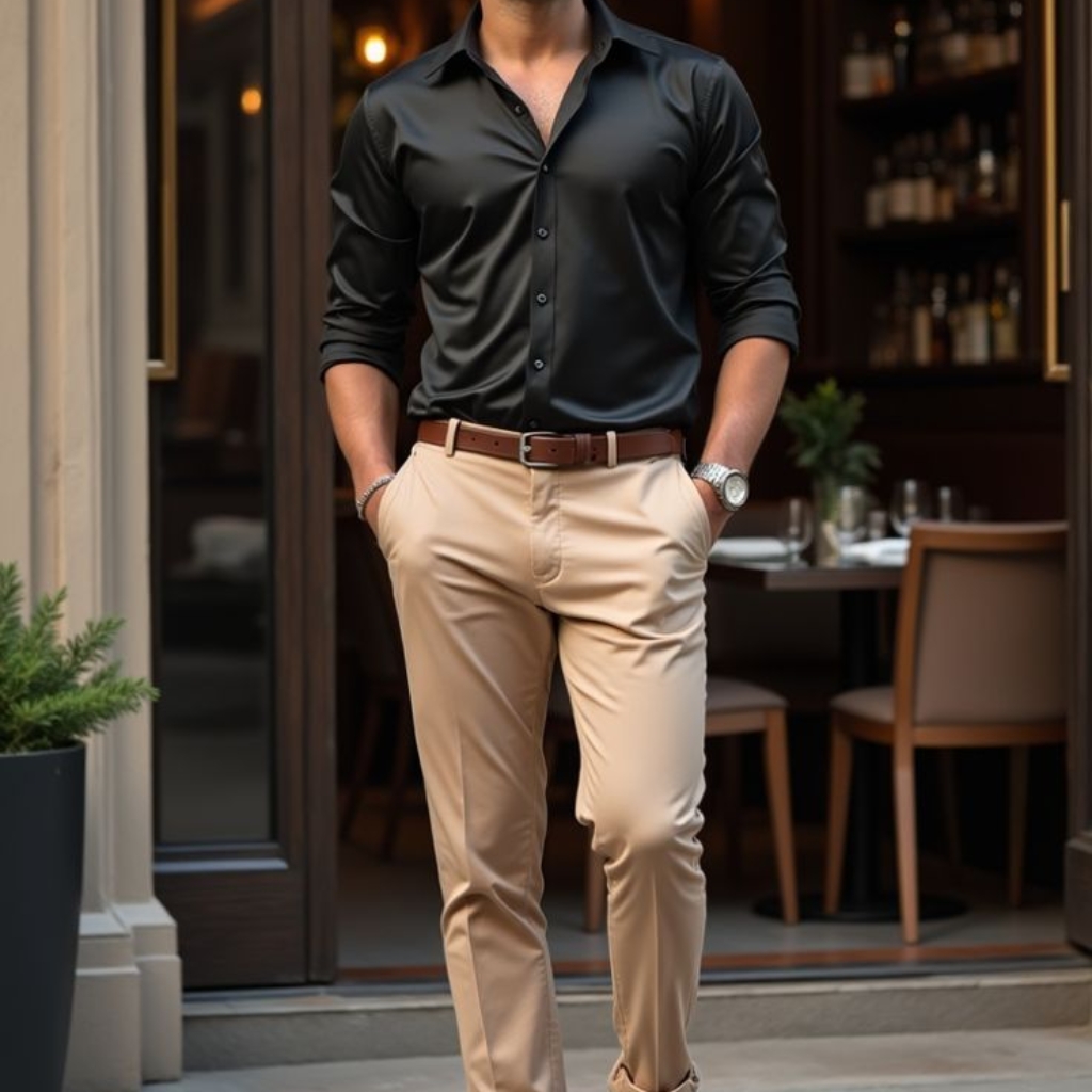 A man wearing a sleek, black, long-sleeved shirt with the sleeves rolled up, paired with beige trousers, standing outdoors near a restaurant entrance.