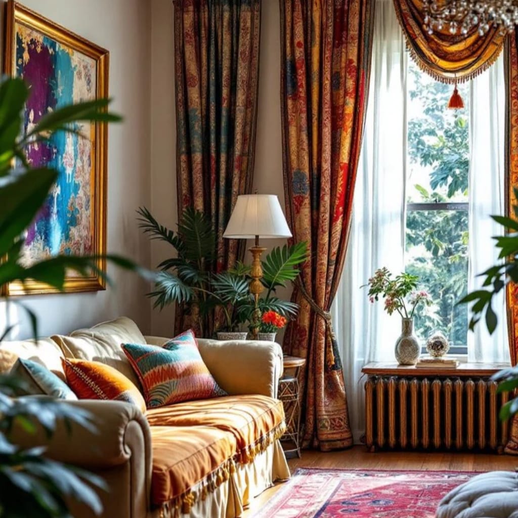 Bohemian-inspired window treatment fabrics with free-spirited patterns, earthy colors, and artisan details in 2025.