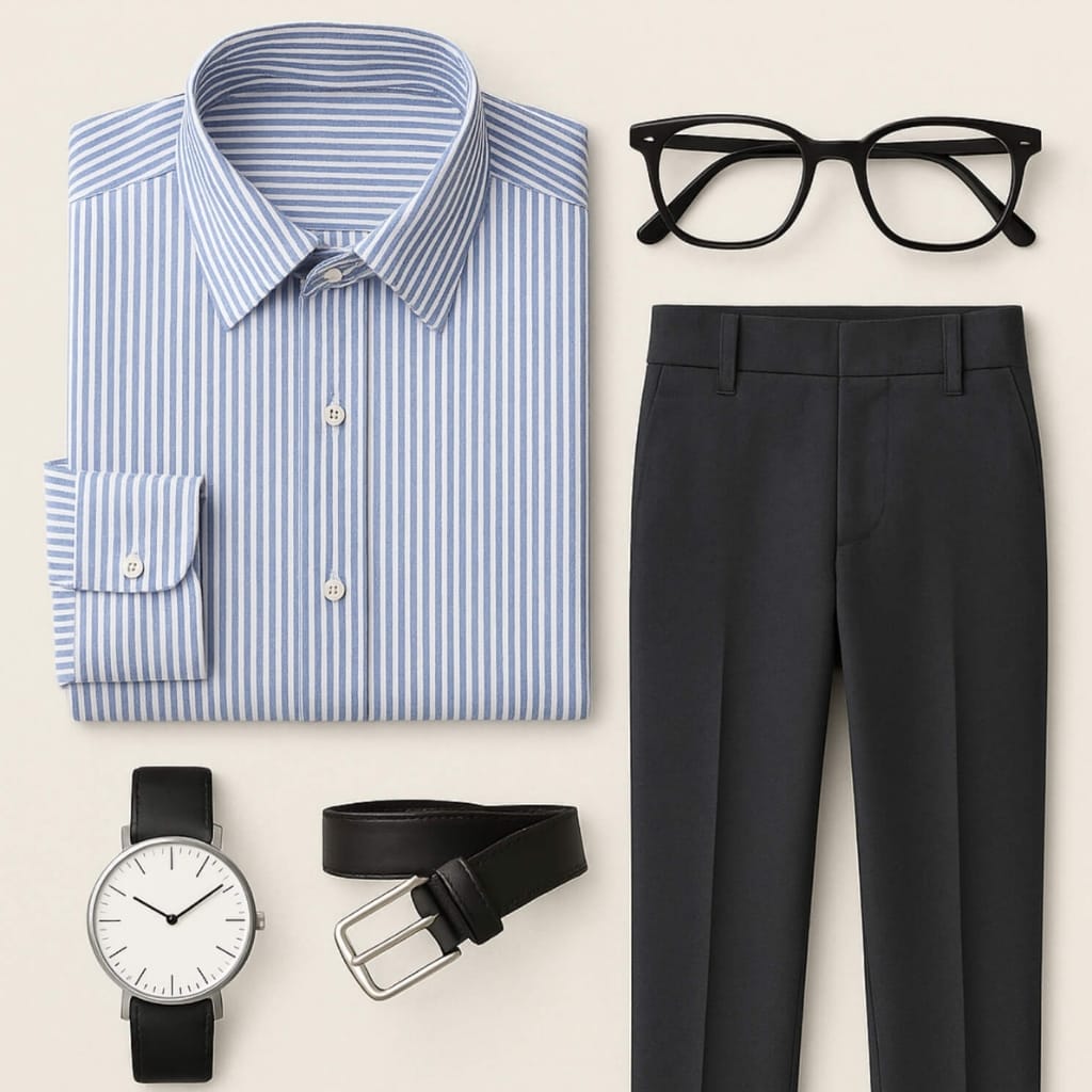 A neatly arranged men's business outfit on a neutral background, including a blue and white striped dress shirt, black eyeglasses, dark gray trousers, a black leather belt, a black wristwatch, and a black pen.
