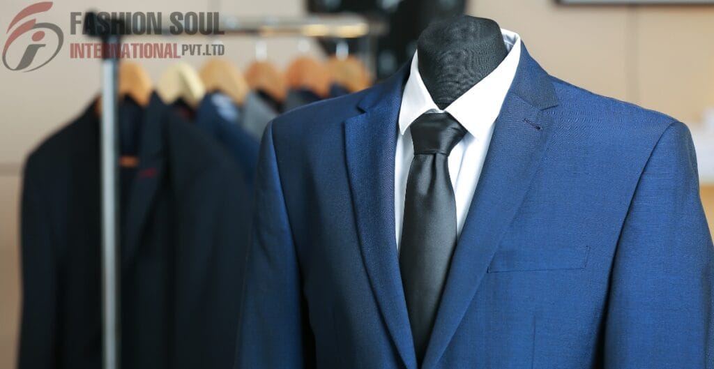 A mannequin dressed in a blue suit, white shirt, and black tie, with other suits on hangers in the background.