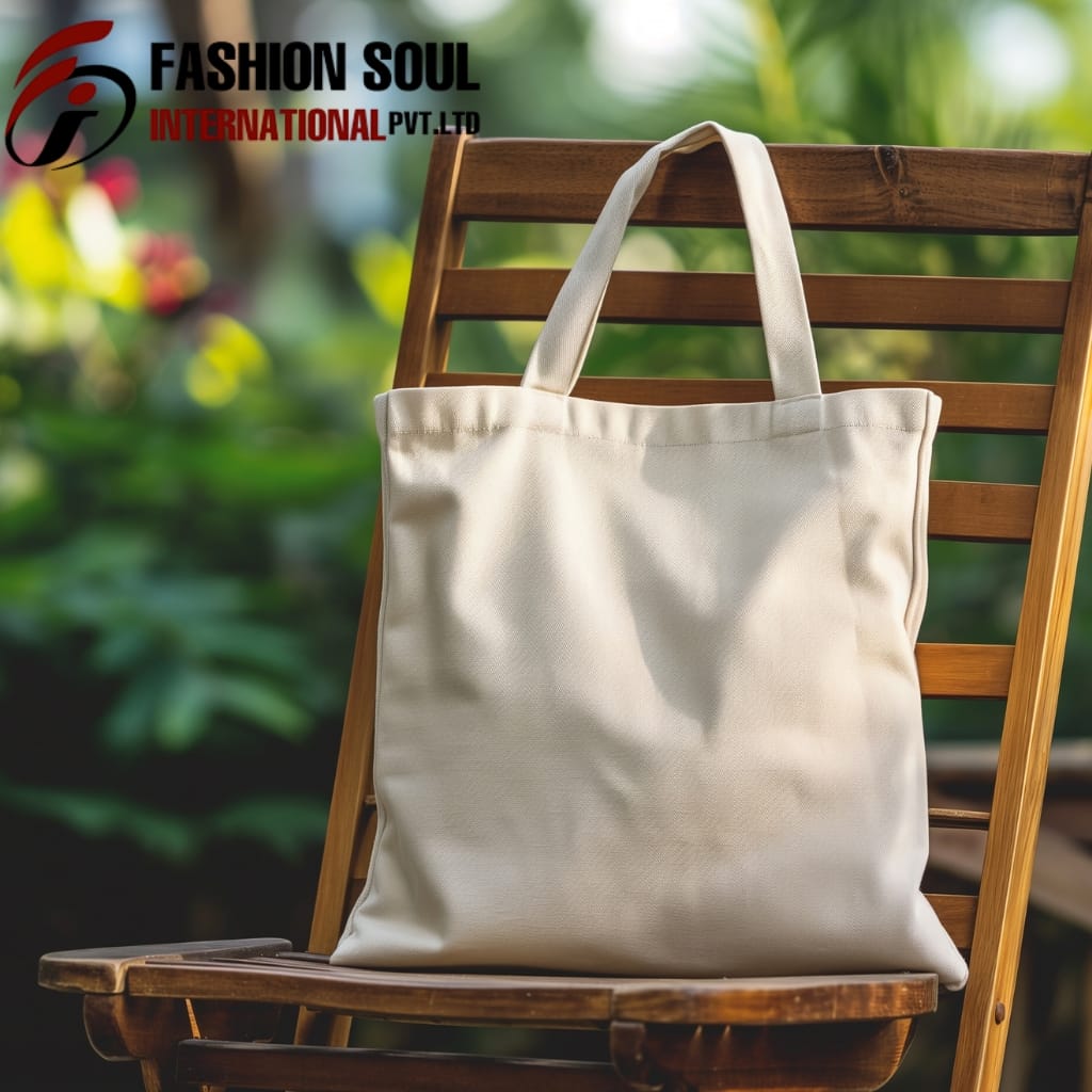A plain, cream-colored tote bag with two handles resting on a wooden chair outdoors, with a blurred background of greenery and sunlight.