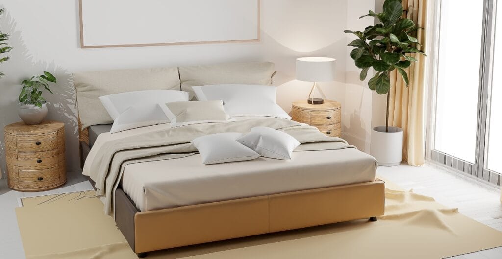 A modern bedroom featuring a large bed with neutral-toned bedding, two round wicker nightstands with potted plants, a table lamp, a large potted plant in a white planter, and floor-to-ceiling windows with light curtains allowing natural light to fill the room.