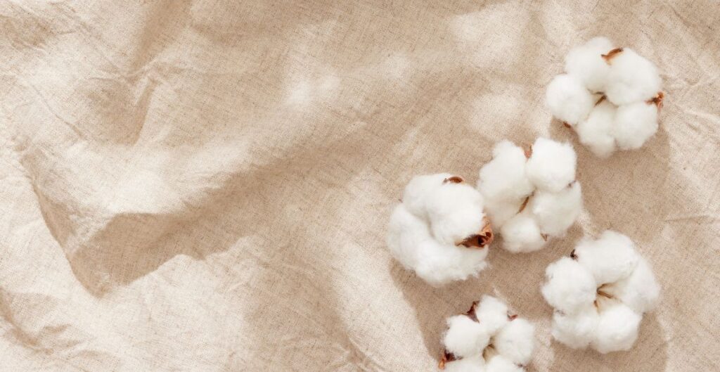 A close-up photo of six cotton bolls lying on a beige, textured fabric background, with soft shadows cast around them.