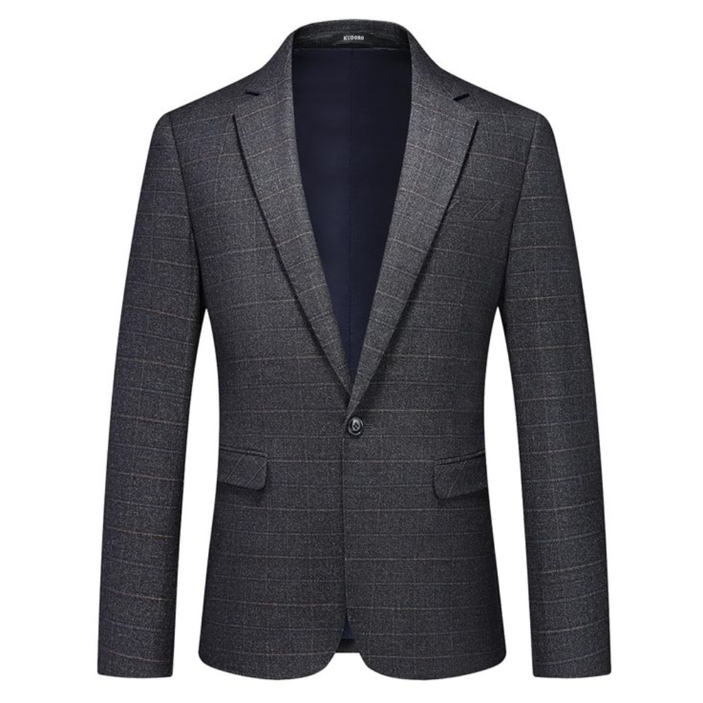 A dark grey plaid sport coat with subtle windowpane pattern, featuring a notch lapel, single-breasted front, and flap pockets.