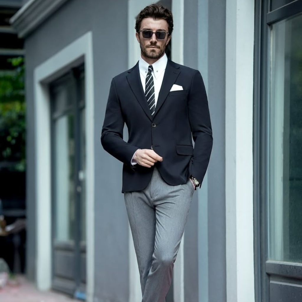 A stylish man wearing a black sport coat paired with a white shirt, gray trousers, and sunglasses, standing casually outside a modern building.