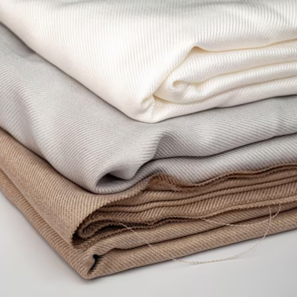 A neatly stacked pile of beige, off-white, and cream-colored fabrics with a ribbed texture, laid on a white surface.