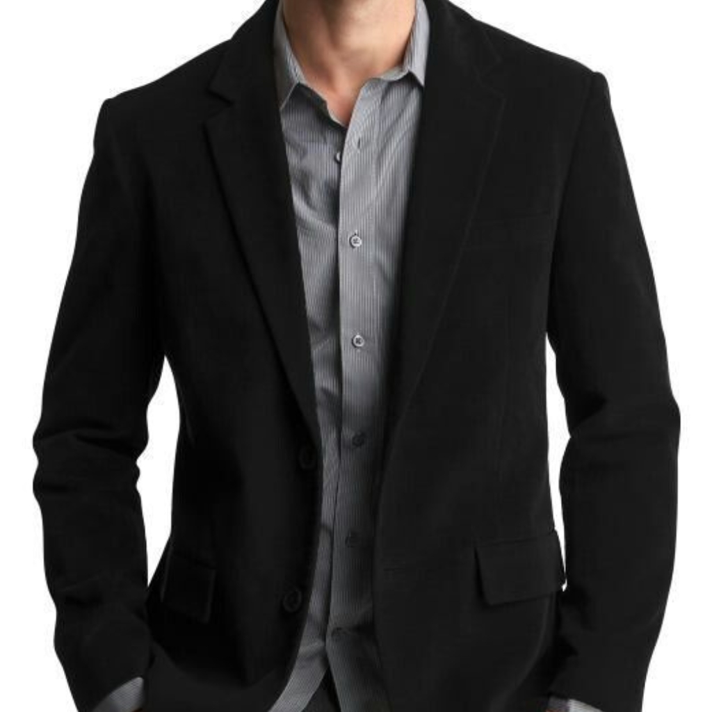 A person wearing a tailored black sport coat over a light grey, pinstriped dress shirt against a white background.