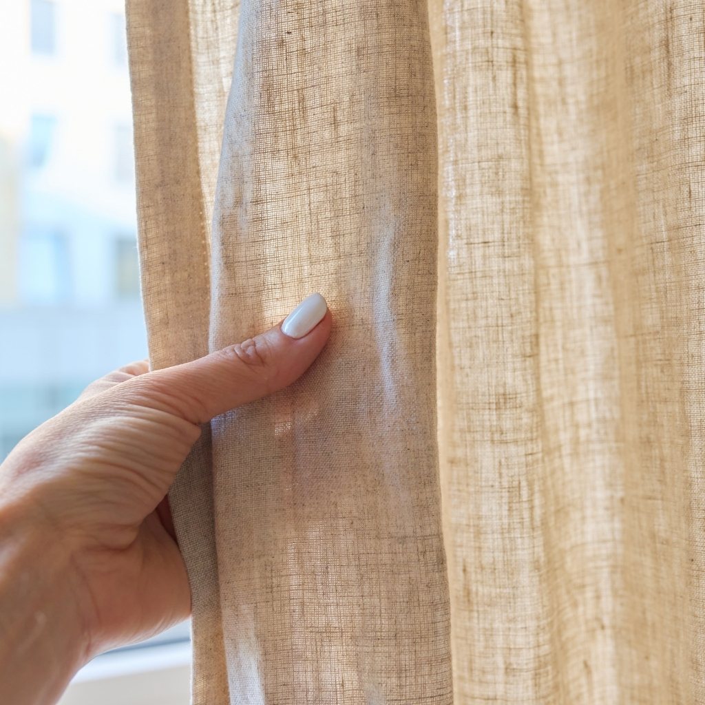 Close-up of a hand holding a light beige, semi-transparent curtain with a cityscape visible in the background.