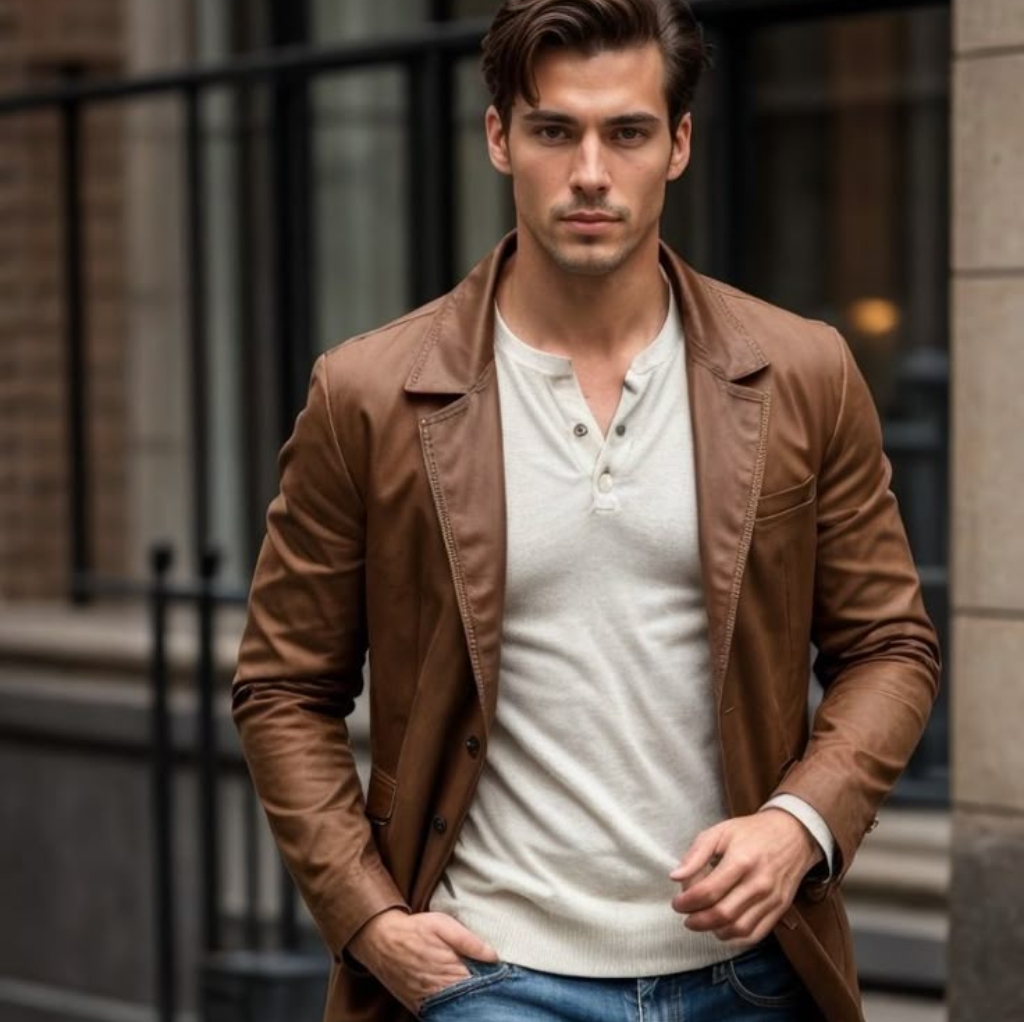 A man wearing a light-colored Henley shirt paired with a brown sport coat, standing outdoors in front of modern buildings.