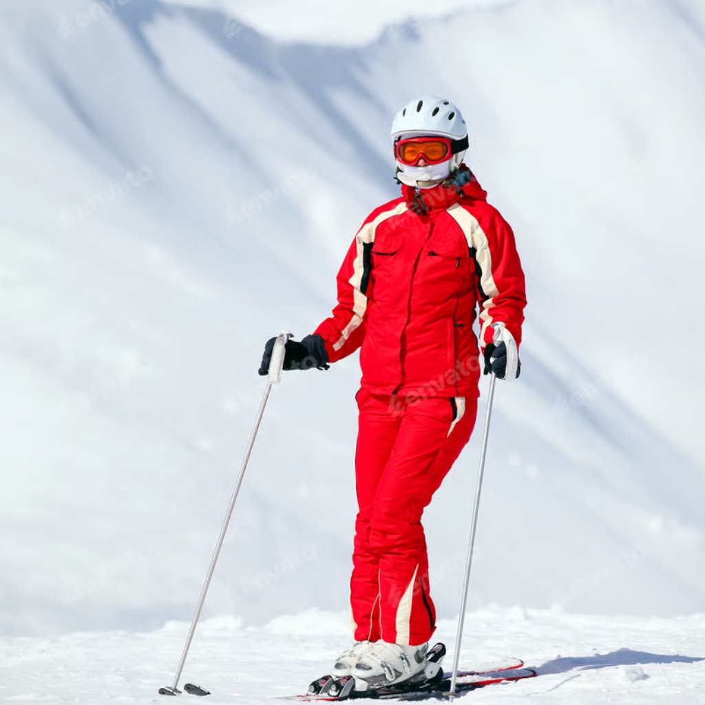 A person wearing a red ski suit, helmet, goggles, and ski boots, standing on snow with ski poles in hand, ready for skiing.