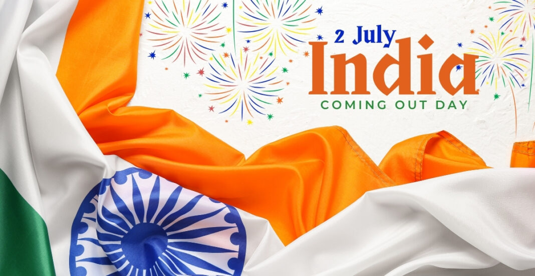 Celebration of India's Independence Day with the Indian flag draped over a surface, fireworks illustrations at the top, and the text 