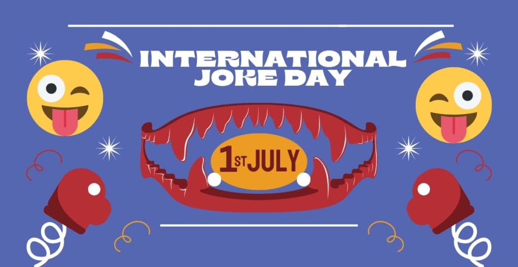 A colorful illustration celebrating International Joke Day on July 1st, featuring two smiling emojis with tongue out, a crab with a birthday hat, two boxing gloves, and confetti against a blue background.