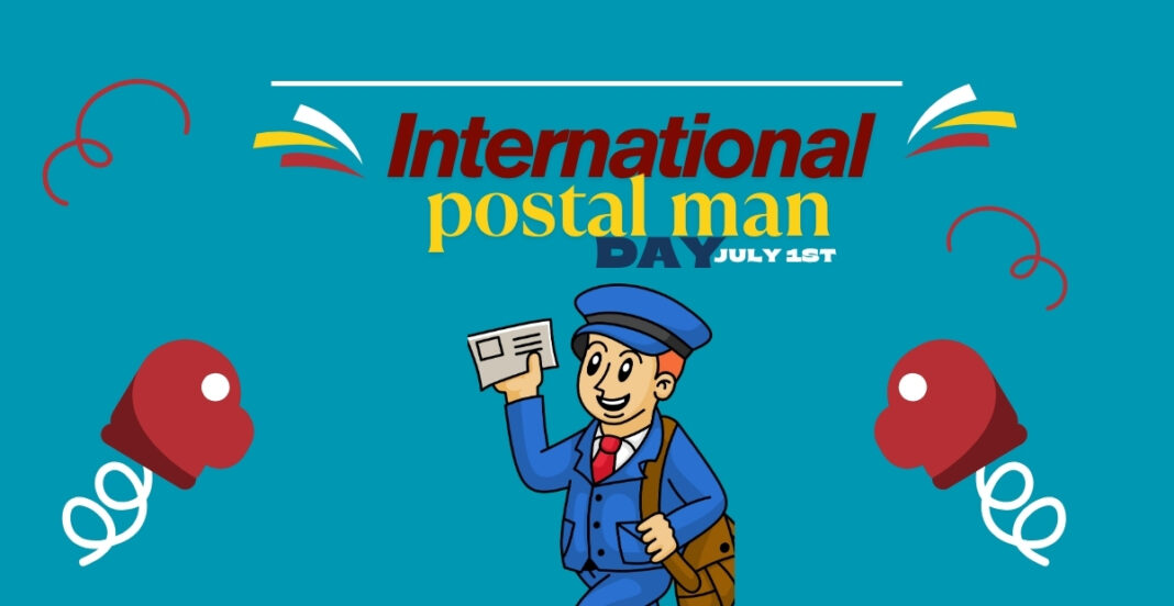 A colorful illustration celebrating International Postal Worker Day on July 1st. It features a smiling mailman in a blue uniform holding an envelope, surrounded by decorative elements like red hearts and confetti on a blue background. The text reads 