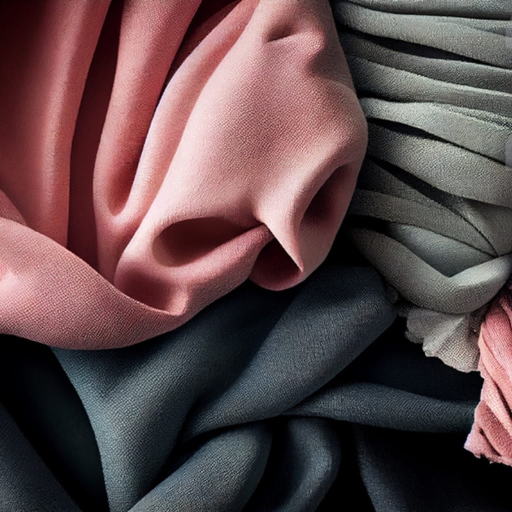 Close-up of soft, silky fabric in shades of pink and gray, with the pink fabric gently draped and the gray fabric layered underneath, showcasing smooth textures and flowing folds.