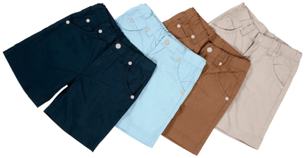 Four pairs of shorts in navy blue, light blue, brown, and beige, arranged side by side.