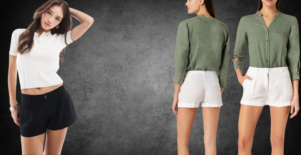 A collage featuring three women modeling casual summer outfits. The first woman wears a white short-sleeve polo shirt and black shorts, posing with one hand behind her head. The second woman, shown from the back, wears a loose green long-sleeve blouse and white shorts. The third woman, facing slightly to the side, wears a button-up green shirt with rolled-up sleeves and white shorts, with one hand in her pocket.