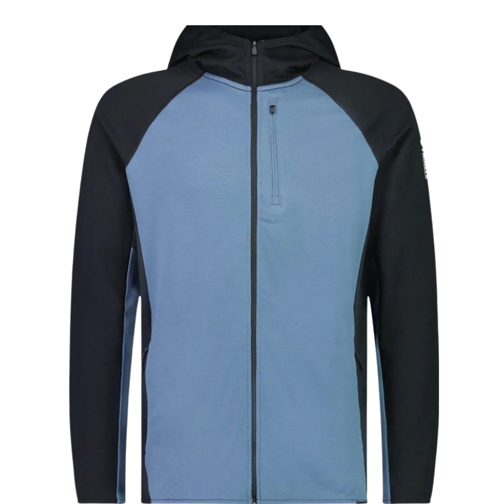 A close-up of a blue and black outdoor jacket with a zipper in the front, designed as a mid-layer for trapping heat. The jacket appears suitable for outdoor activities in cooler weather.