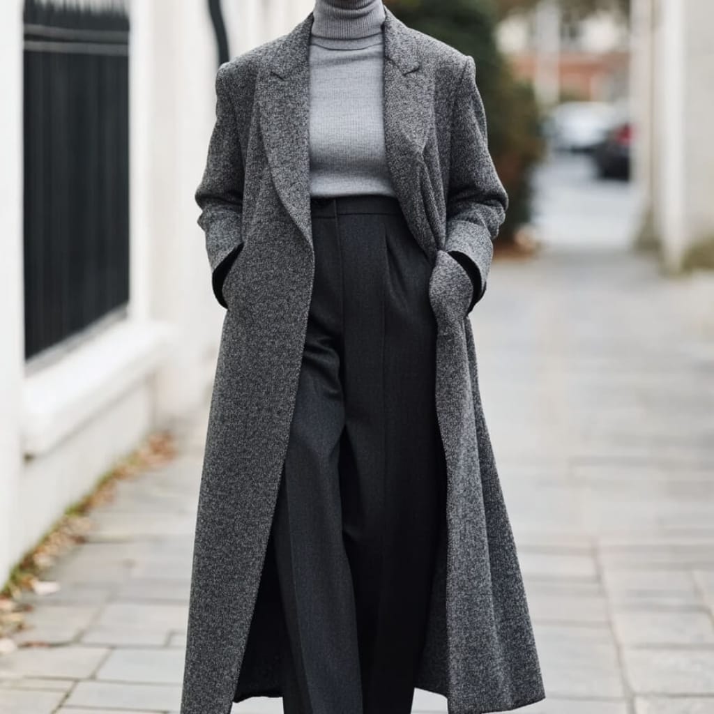A woman standing outdoors in a city street, wearing a gray plaid coat, a light gray turtleneck sweater, and high-waisted black trousers, with her hands in her pockets.