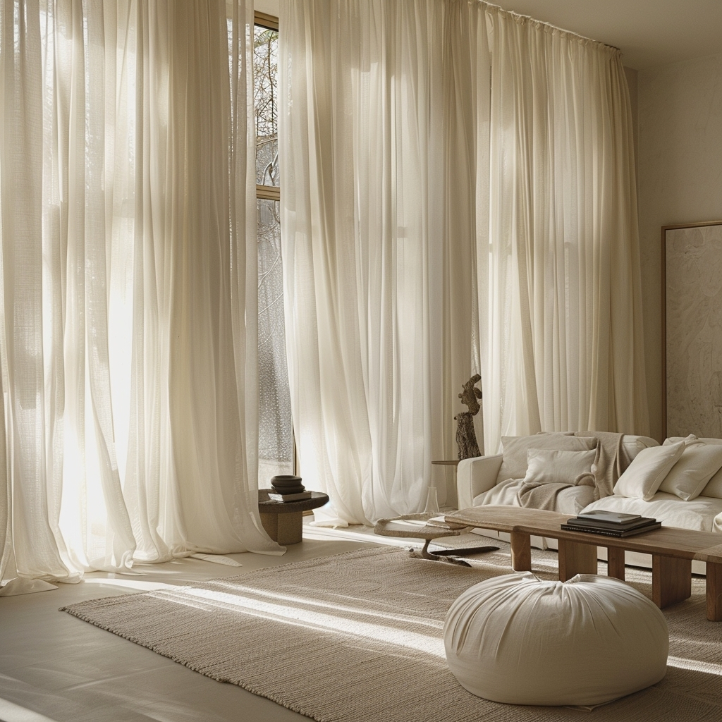 Elegant living room bathed in natural light with translucent curtains, a cozy cream sofa, and minimalist decor.