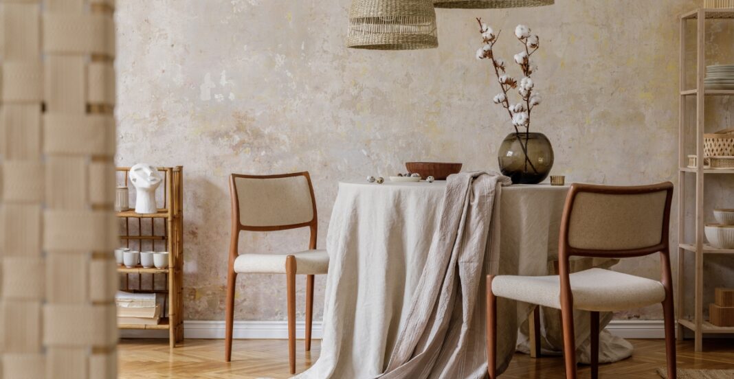 A cozy dining scene featuring a round table with a white tablecloth, two beige upholstered chairs with wooden frames, a tall vase with cotton stems, and a small wooden shelf with ceramics and books, all set against a textured, slightly weathered wall.