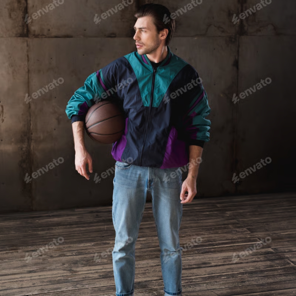 A young man standing indoors against a concrete wall, holding a basketball under his arm, dressed in trendy sportswear with colorful, patterned windbreaker jacket and light blue jeans.