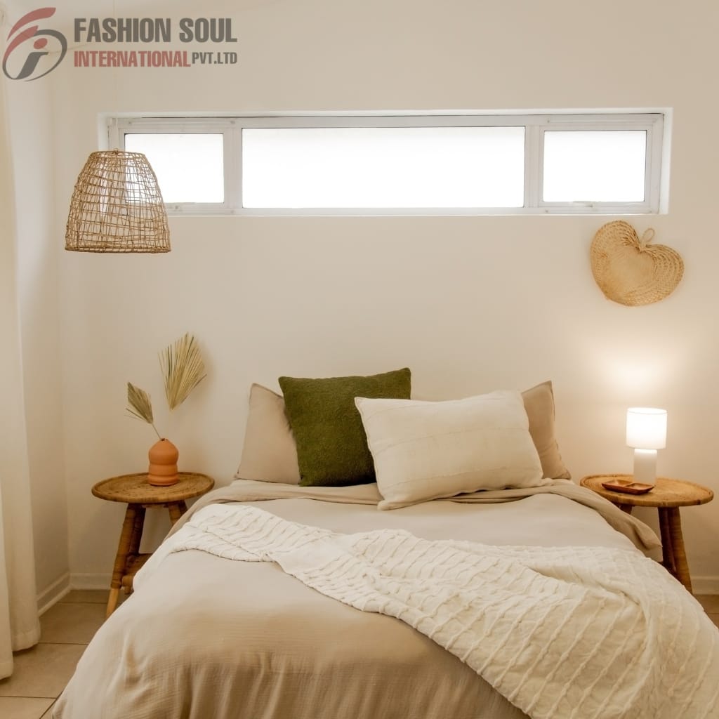  Cozy bedroom with a neatly made bed featuring neutral-colored pillows and a textured white throw, flanked by wooden bedside tables with decorative items and a small window high on the wall.