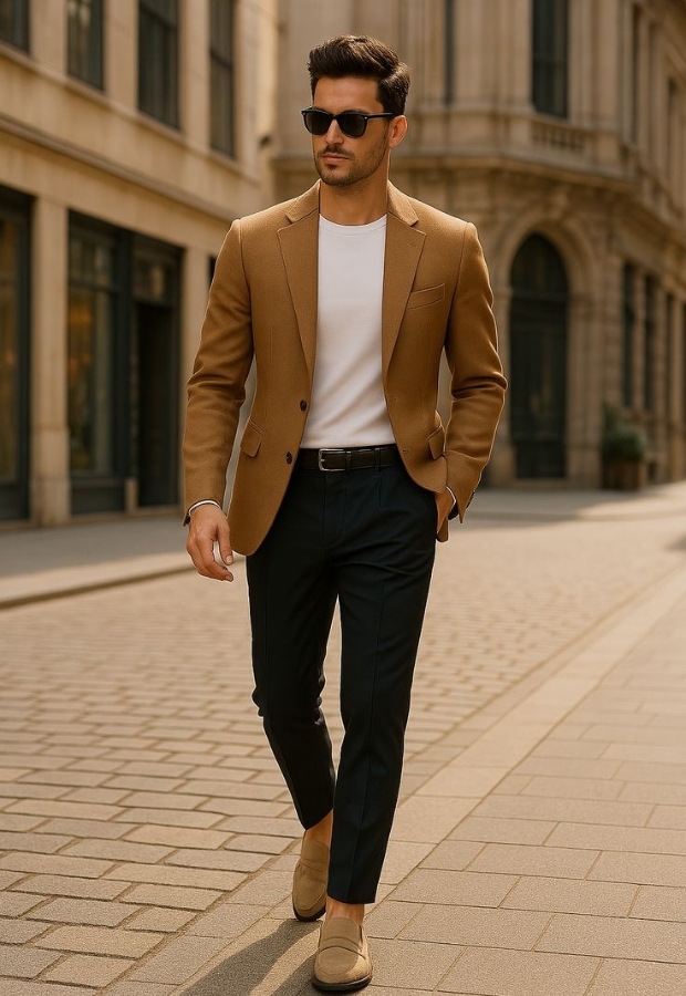 A stylish man walking outdoors in an urban setting, wearing a brown sport coat, white t-shirt, black trousers, beige shoes, and sunglasses.