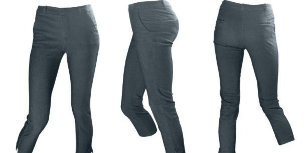 Three-angle view of a pair of fitted dark gray women's trousers with a cropped hem.