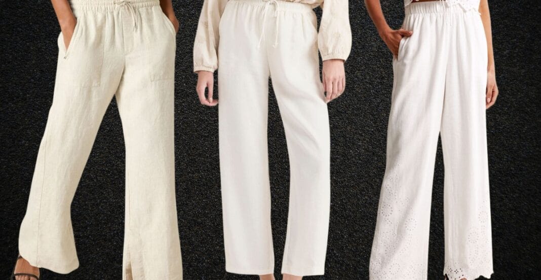 Three women standing side by side, wearing light-colored wide-leg pants. The women are cropped from the neck down, with their hands in their pockets or hanging naturally, against a textured black background.