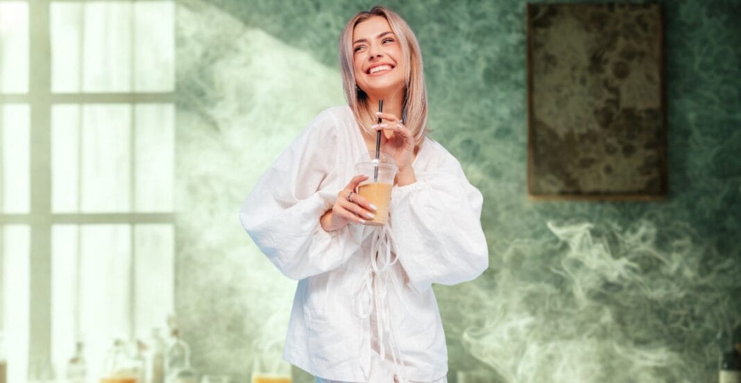 A young woman with blonde hair smiling happily while holding a glass of an iced beverage with a straw, standing indoors in a room with green walls and a large window.
