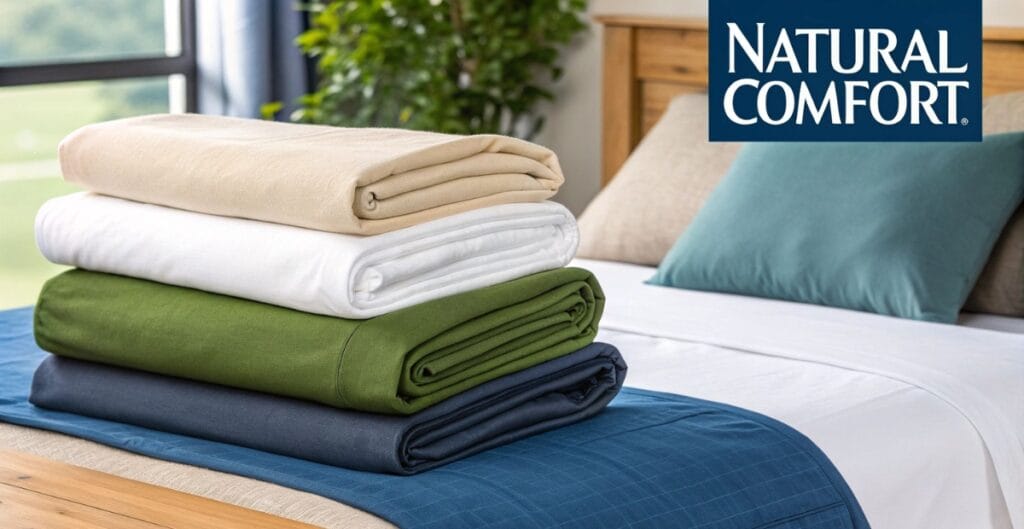 A close-up of soft linen sheets with a gentle, natural texture and slightly wrinkled surface.