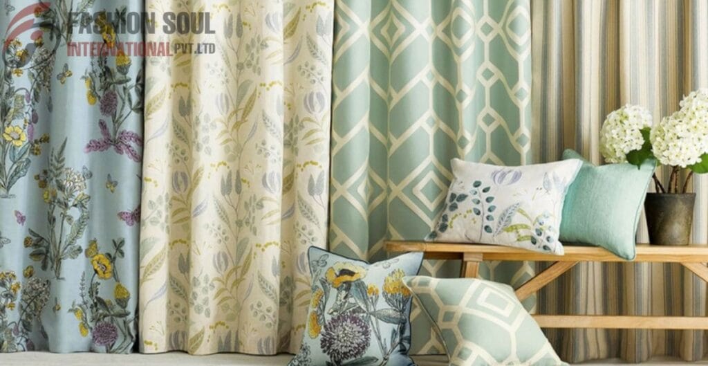 Elegant window treatment fabric with floral, geometric, and striped patterns in soft pastel tones.