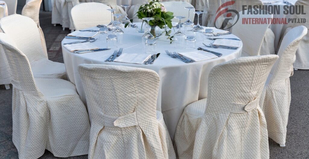 A round banquet table arranged for a formal event, covered with a white tablecloth and surrounded by white, textured, chair covers. The table is set with white napkins, silverware, and upside-down wine glasses, with a floral centerpiece in the middle.