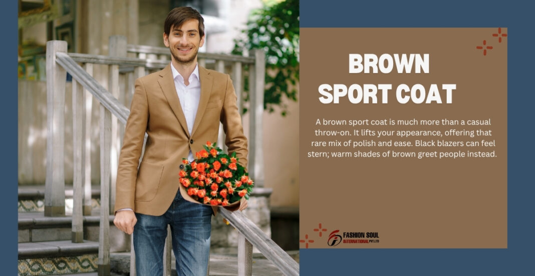 A man wearing a brown sport coat, white shirt, and jeans standing outdoors on stairs, holding a pot of orange flowers, with a blurred background.