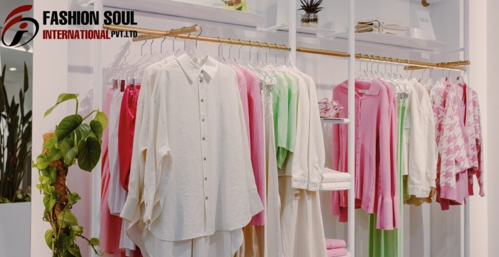 Clothing display in a boutique store with various pastel-colored shirts, dresses, and pants hanging on racks, with a white shelf holding folded clothes and a plant on the side.