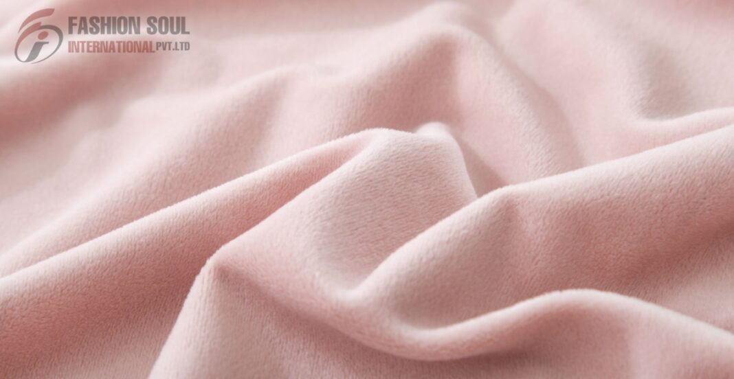 Soft pink fabric with a smooth and velvety texture, showing natural folds and drape.