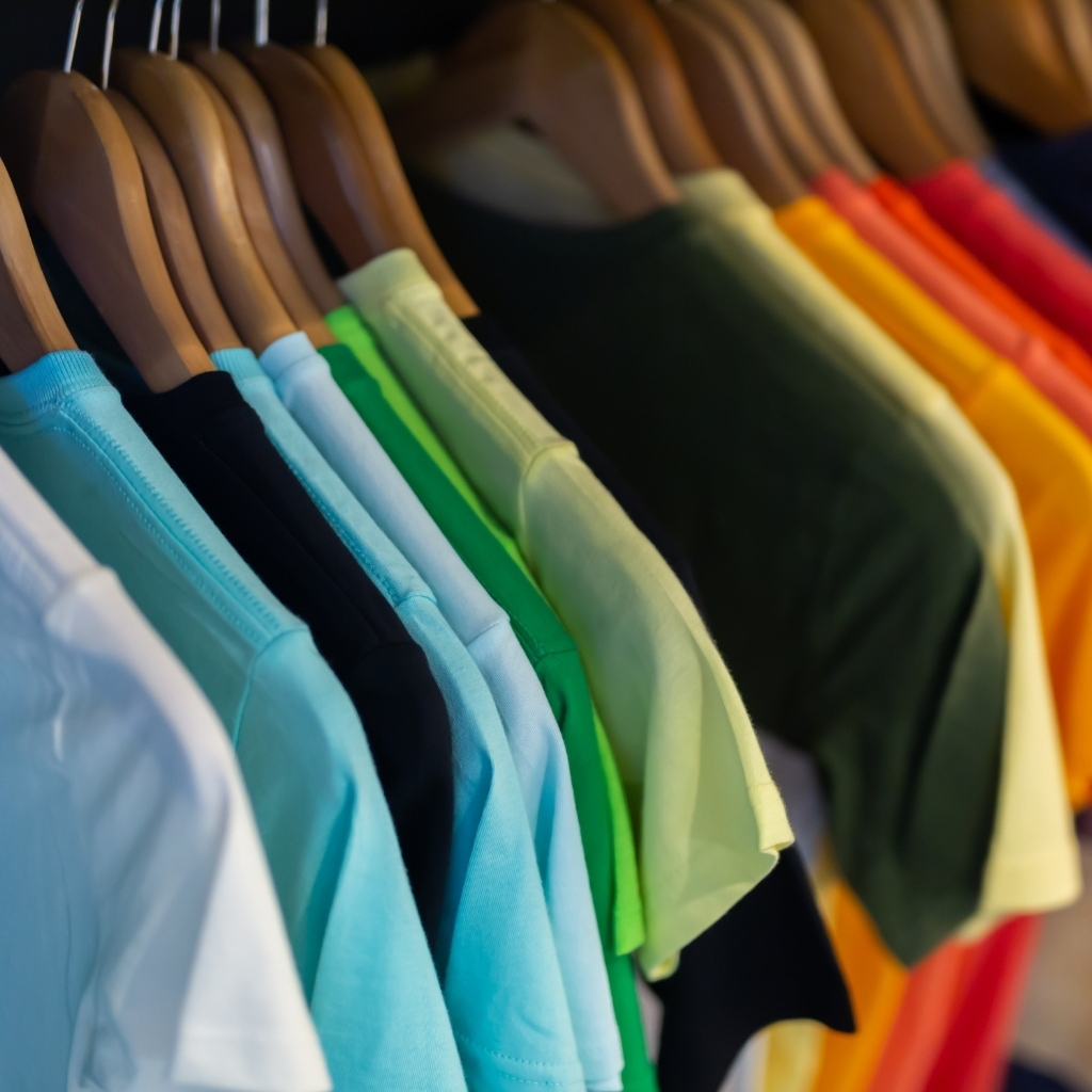 A row of brightly colored T-shirts hanging on wooden hangers in a clothing store, arranged from light to dark shades.