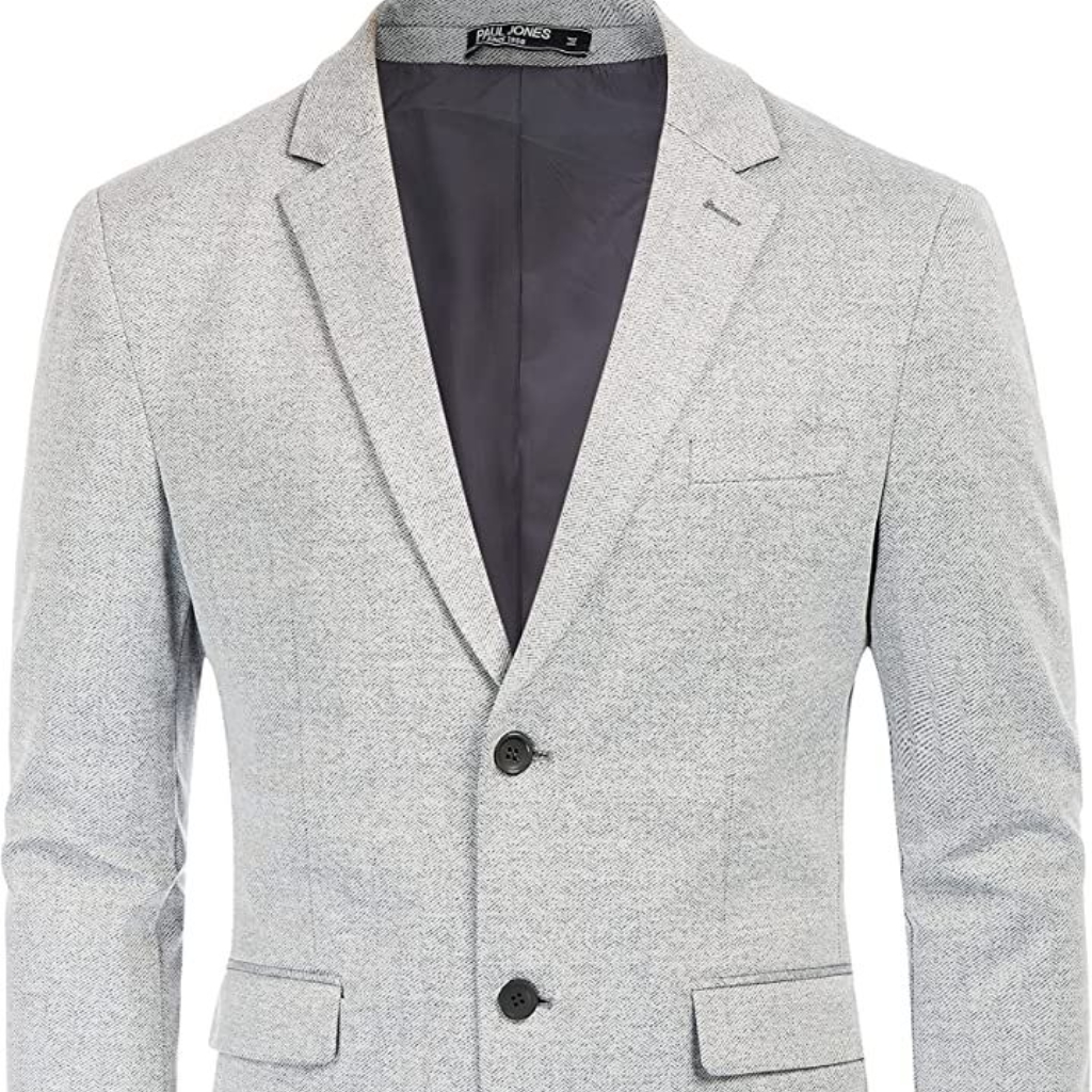 A tailored light grey sport coat with a subtle textured pattern, featuring notch lapels, two front flap pockets, a chest pocket, and two black buttons.