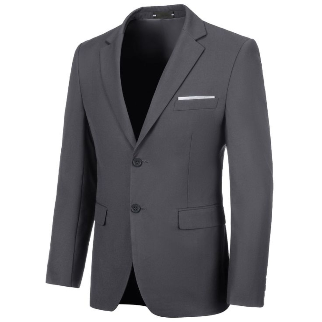 A medium grey men's sport coat with a classic lapel, two-button front, and a pocket square visible in the chest pocket.