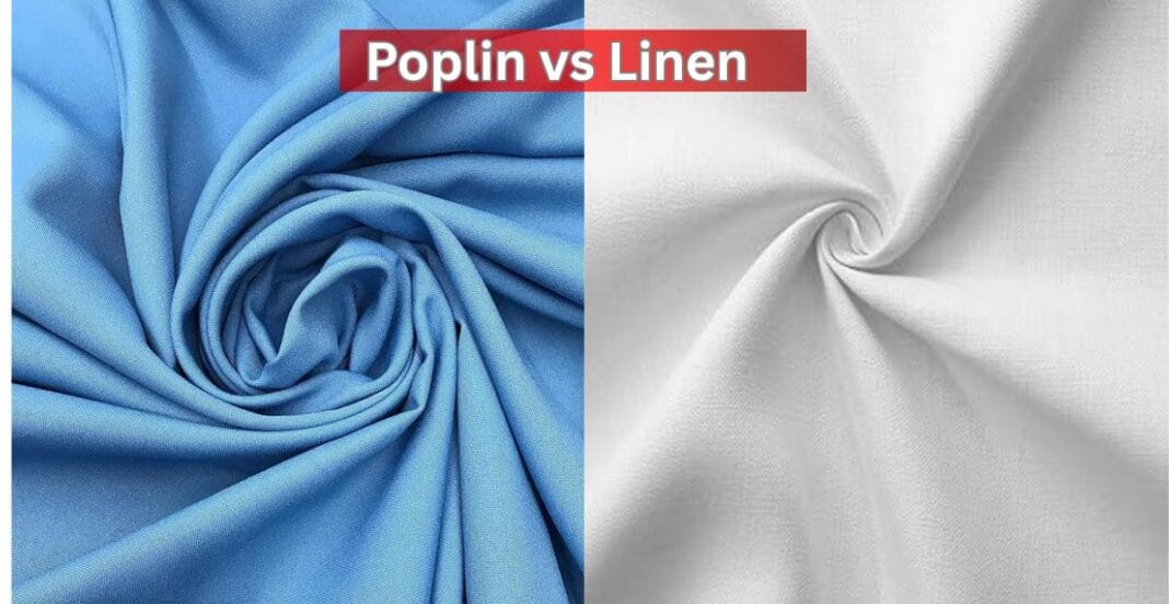 Side-by-side comparison of blue poplin fabric and white linen fabric with the label 