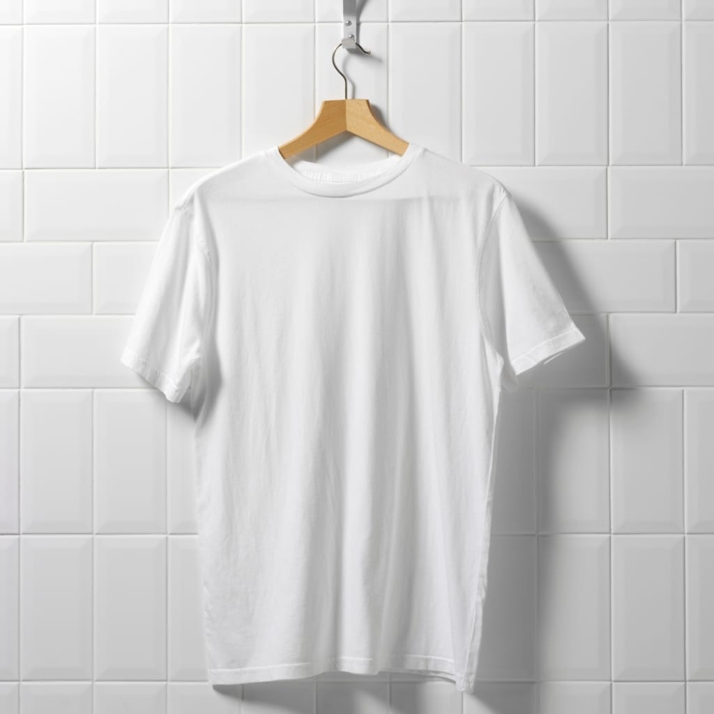 A plain white t-shirt hanging on a wooden hanger against a white tiled wall.