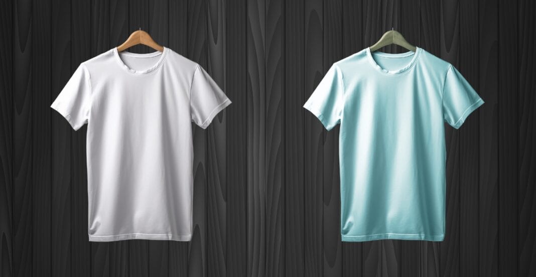 Two plain short-sleeve T-shirts hanging on wooden hangers against a dark wood background. The left shirt is white, and the right shirt is light turquoise.