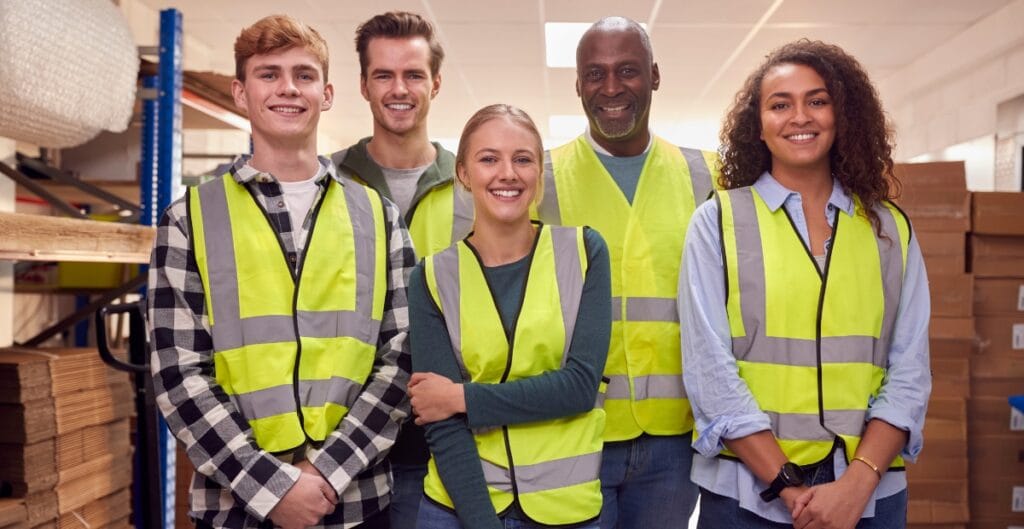 A group of five diverse people wearing yellow safety vests standing inside a warehouse, smiling at the camera.