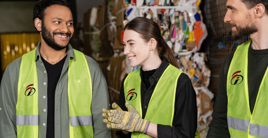 Three workers wearing bright yellow safety vests are smiling and engaging in conversation inside a recycling or waste management facility.