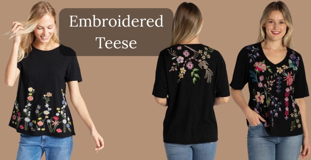 A woman wearing a black embroidered teese top with colorful floral embroidery on the front and back, shown from multiple angles against a beige background.